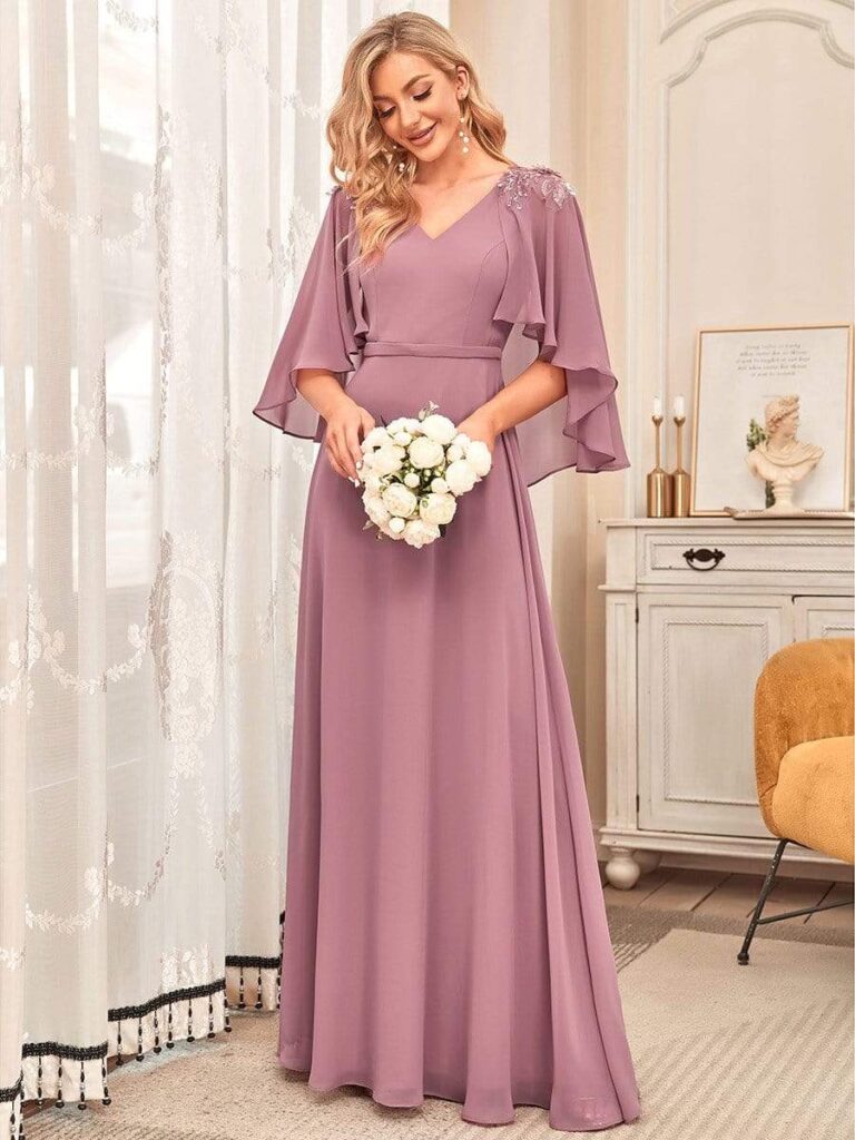 A-Linie V-Ausschnitt Bodenlanges Chiffon Brautjungfernkleid