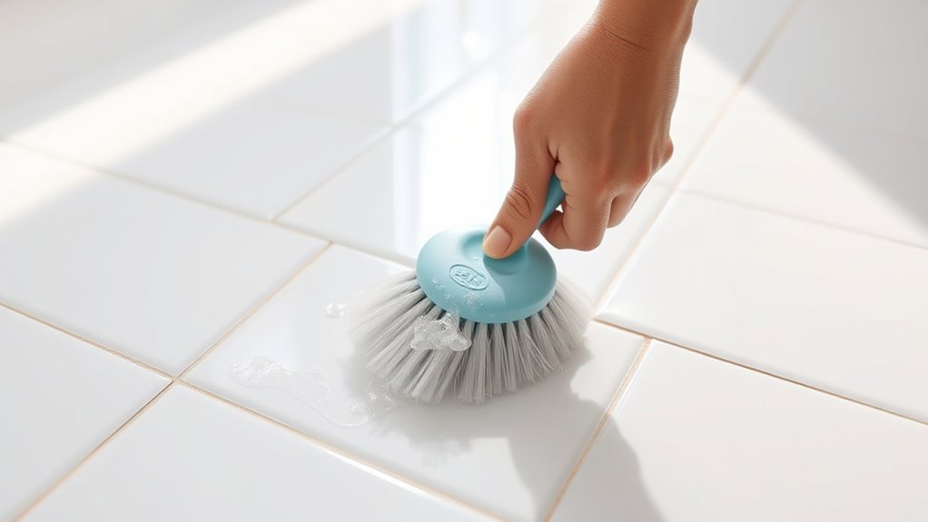 carefully scrub grout lines