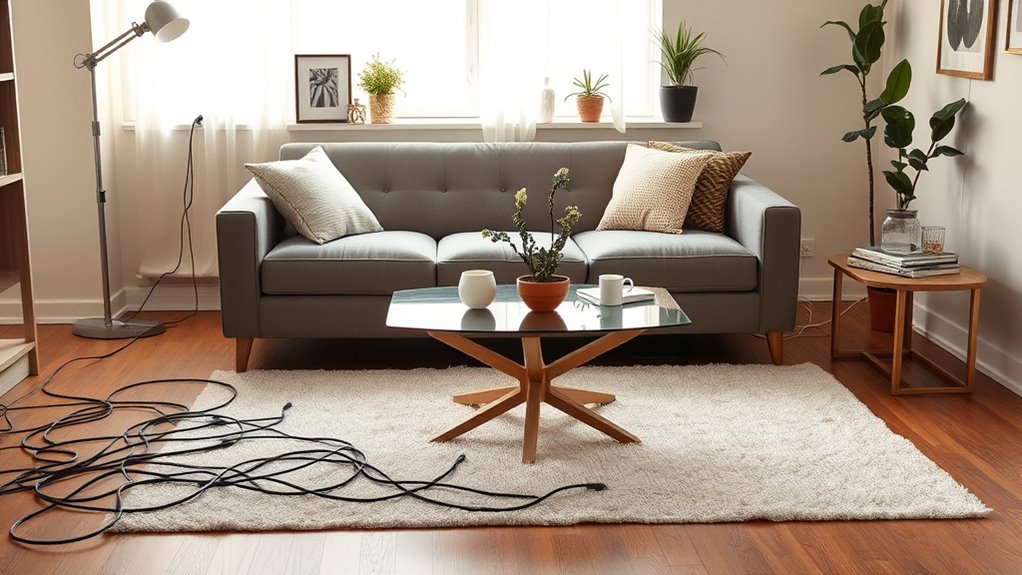 conceal cords with furniture