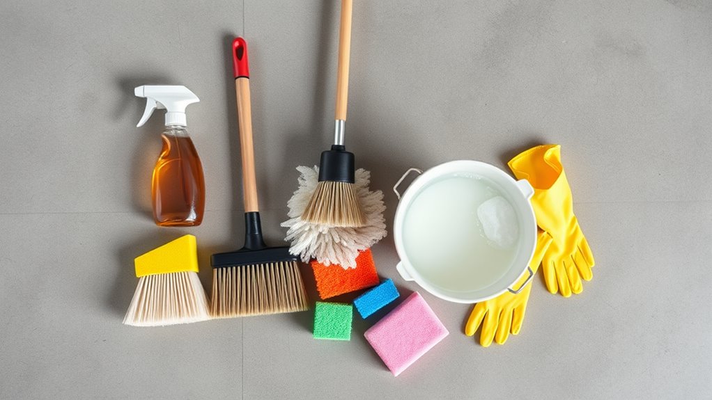 essential cleaning supplies gathered