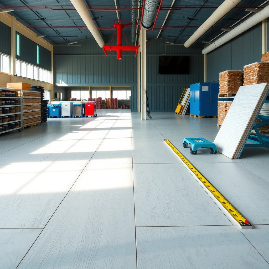A person measuring a floor area for rubber flooring installation using a tape measure.