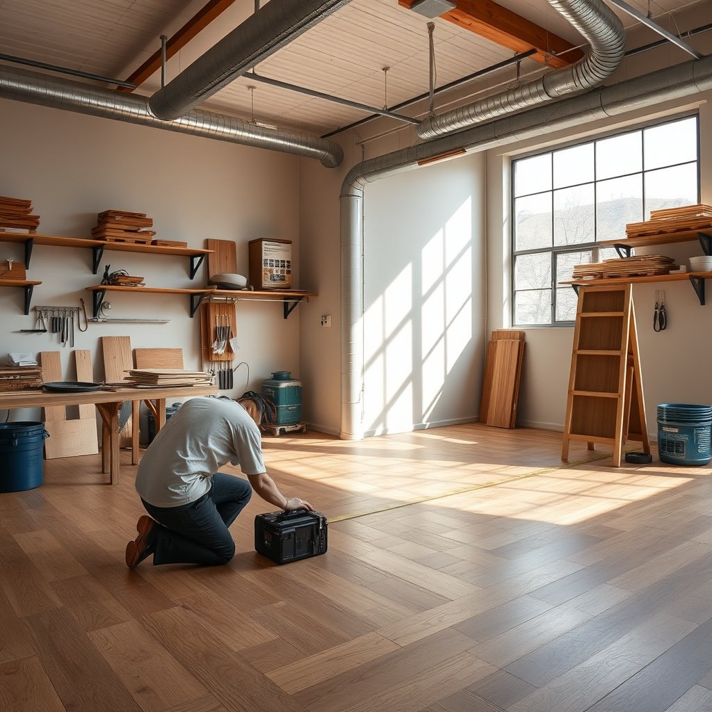 Person measuring room size for laminate flooring installation in a workshop.