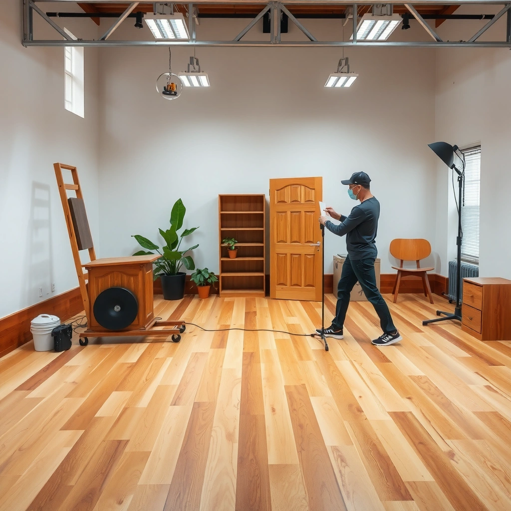 A person inspecting the finish of a bamboo floor before polishing it.