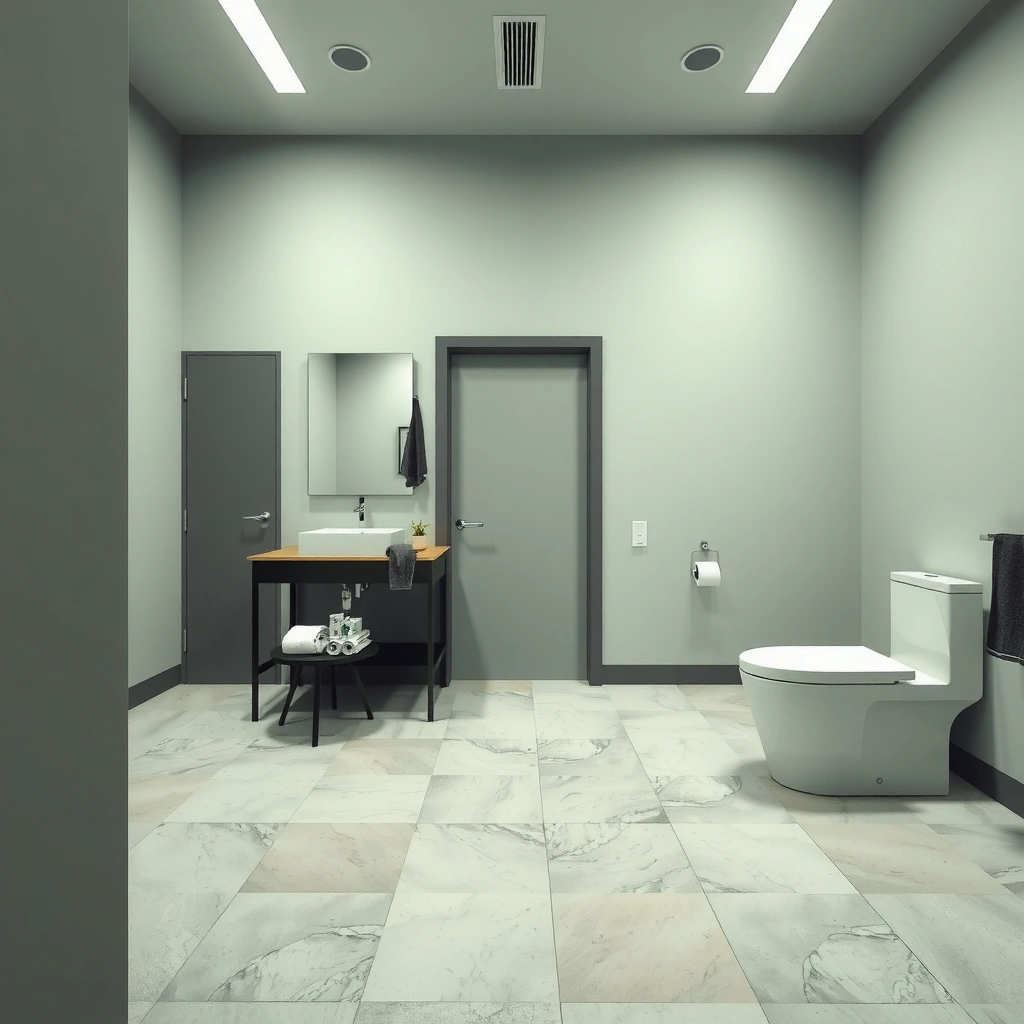 A person evaluating the bathroom's conditions before installing polished concrete floors.