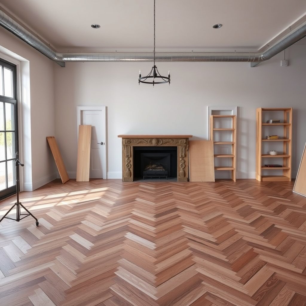 A homeowner assessing the condition of chevron floors and their existing finish for restoration.