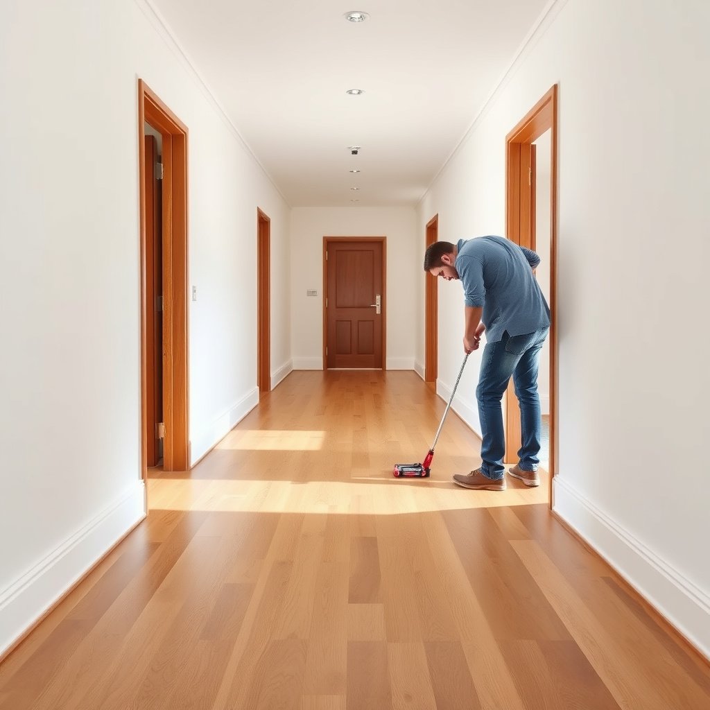 Inspecting the subfloor and moisture levels in a hallway for engineered wood floor preparation.