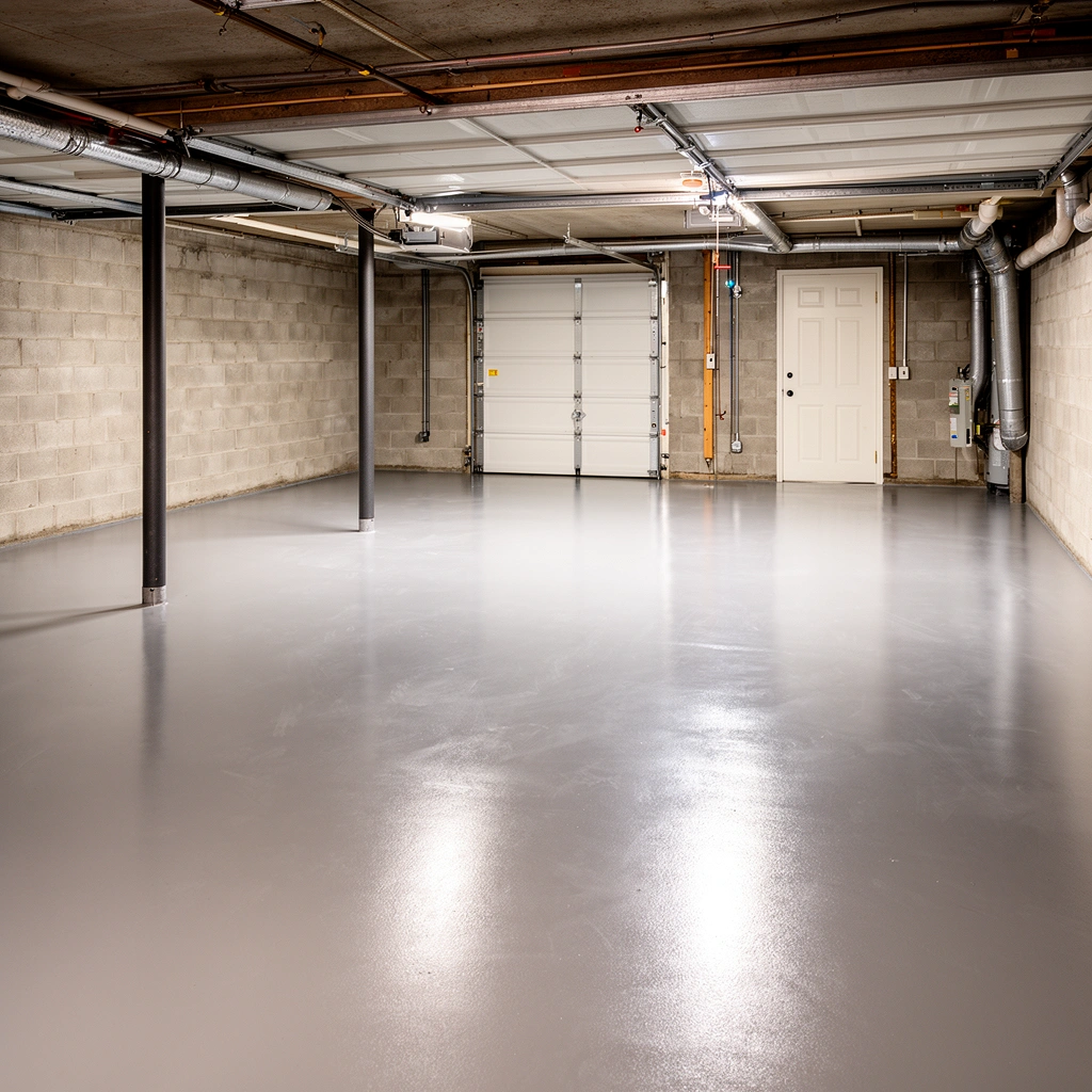 A homeowner checking moisture levels and floor condition before installing basement garage floors.