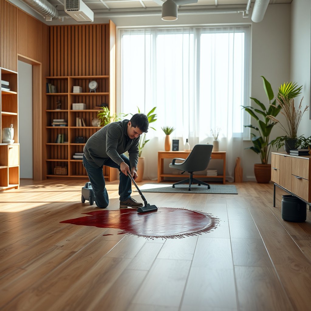 Person examining stain type on engineered wood floor to prevent further damage