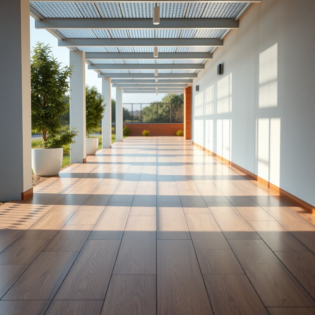 A person examining vinyl flooring and outdoor walkway surface for removal process.