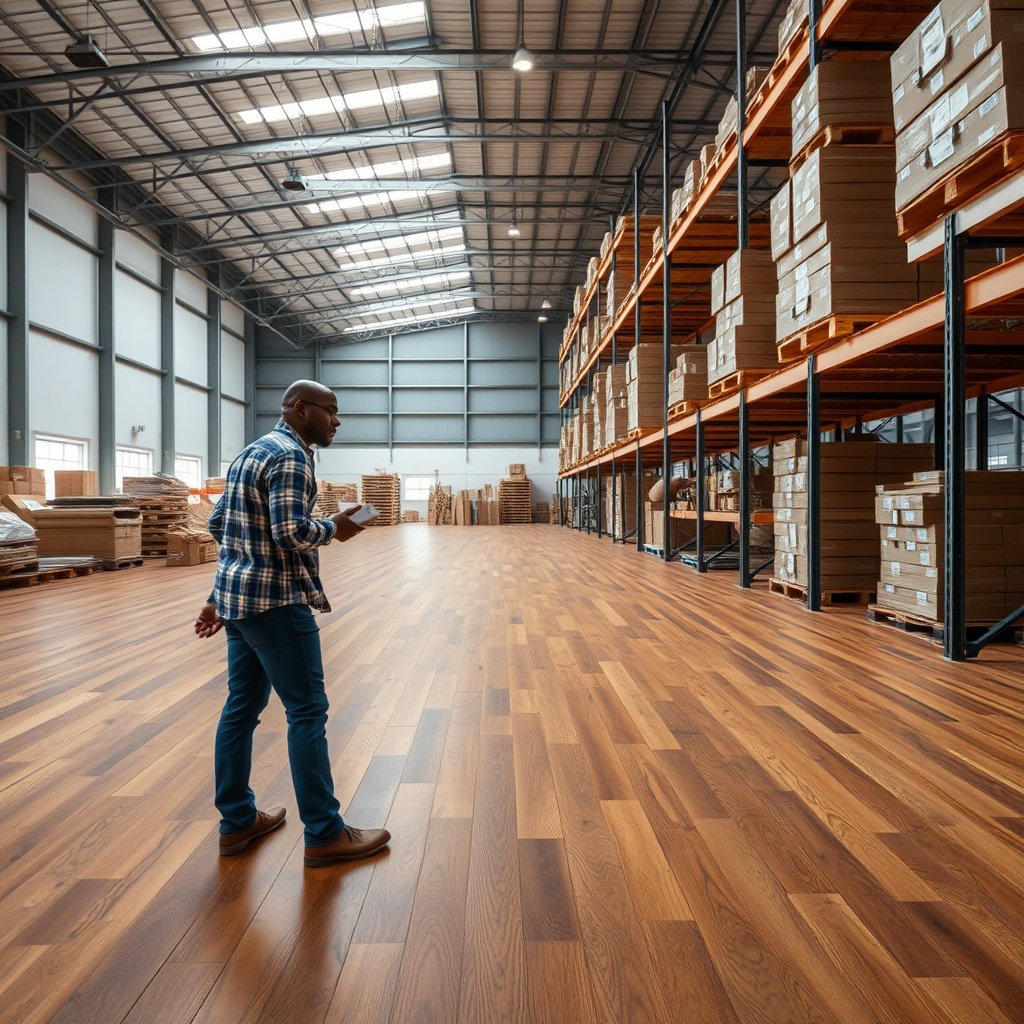 Warehouse worker assessing risks to protect hardwood floors effectively.