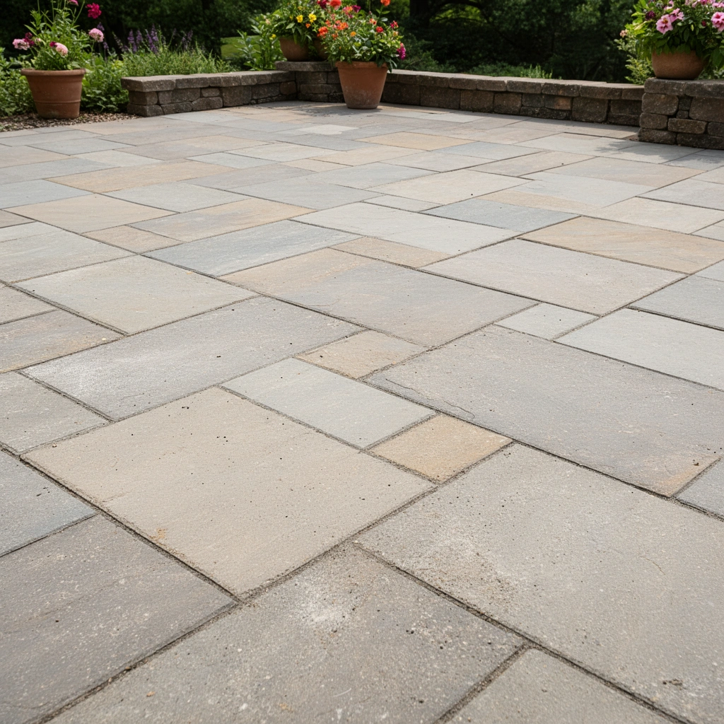A homeowner assessing their patio condition before choosing replacement flooring options.