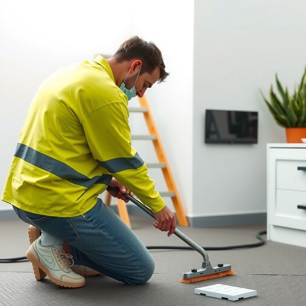 A person inspecting the condition of a rubber floor before refinishing it.