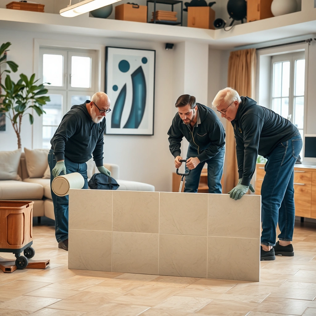 A homeowner inspecting tile floors to determine refinishing needs and set expectations for the process.