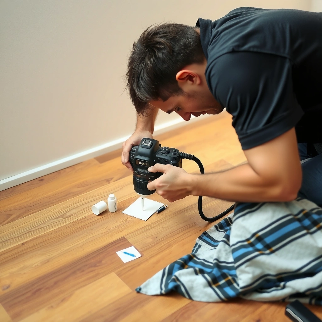 A close-up view of adhesive on hardwood floors, showcasing the assessment process for removal.