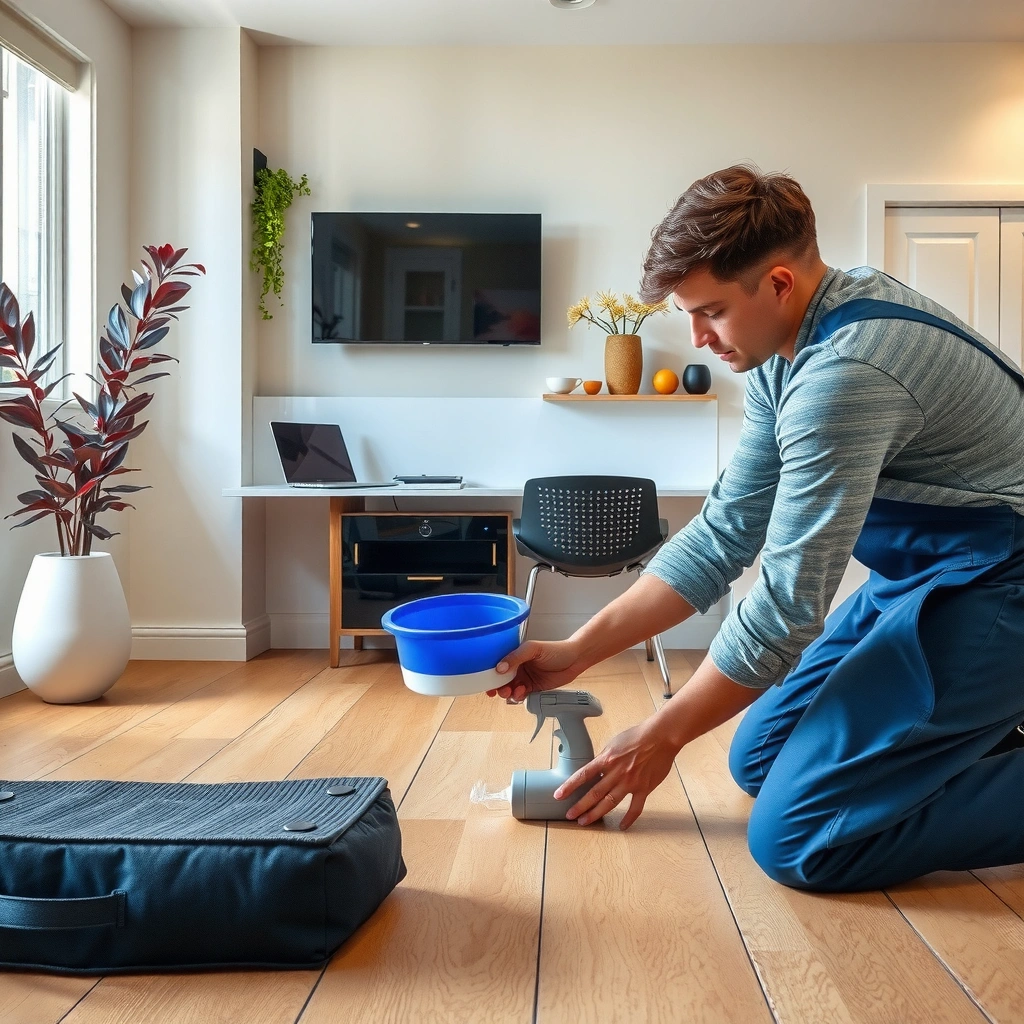 A person examining adhesive residue on laminate flooring, preparing for removal.