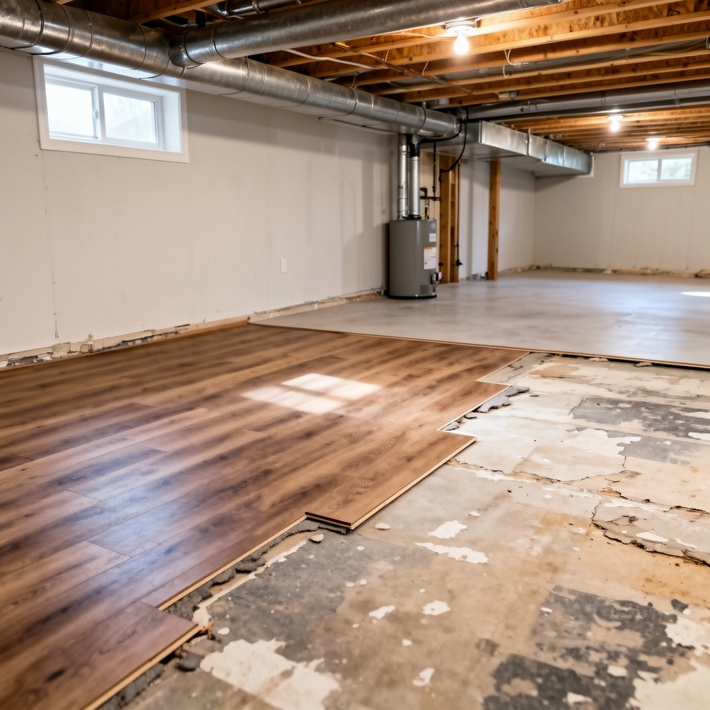 Image showing a person checking moisture levels on an existing basement floor before installation.