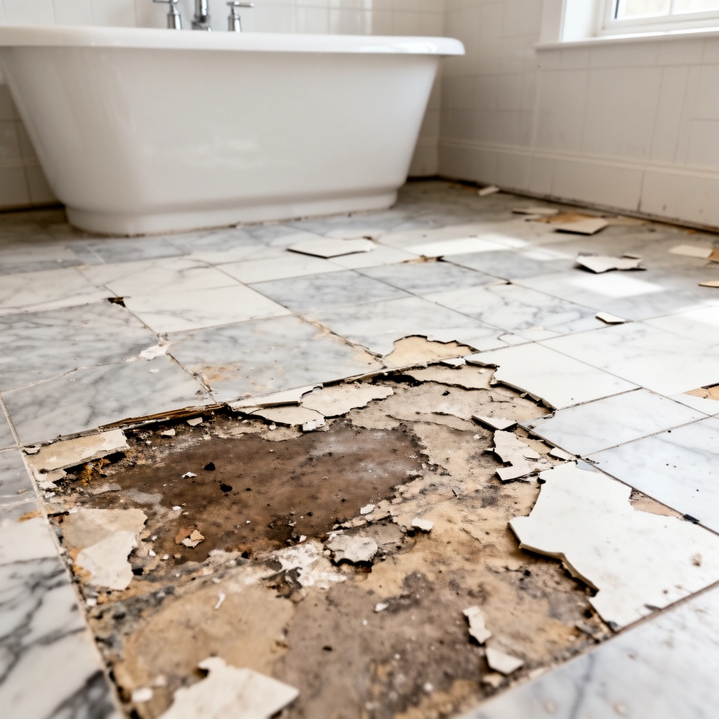 Image showing a person inspecting bathroom floor damage and identifying the floor type for restoration.