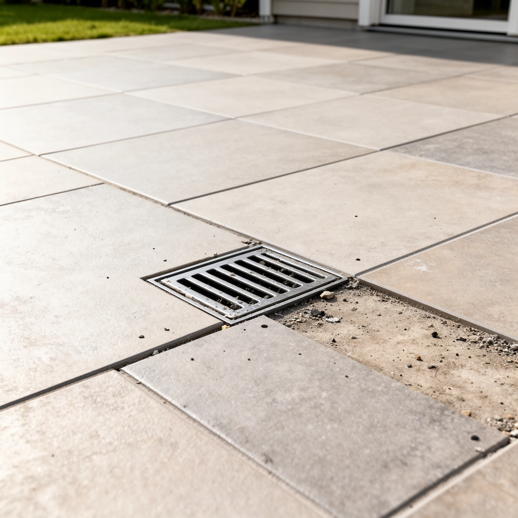 Evaluating drainage, surface condition, and flooring type for bathroom patio installation
