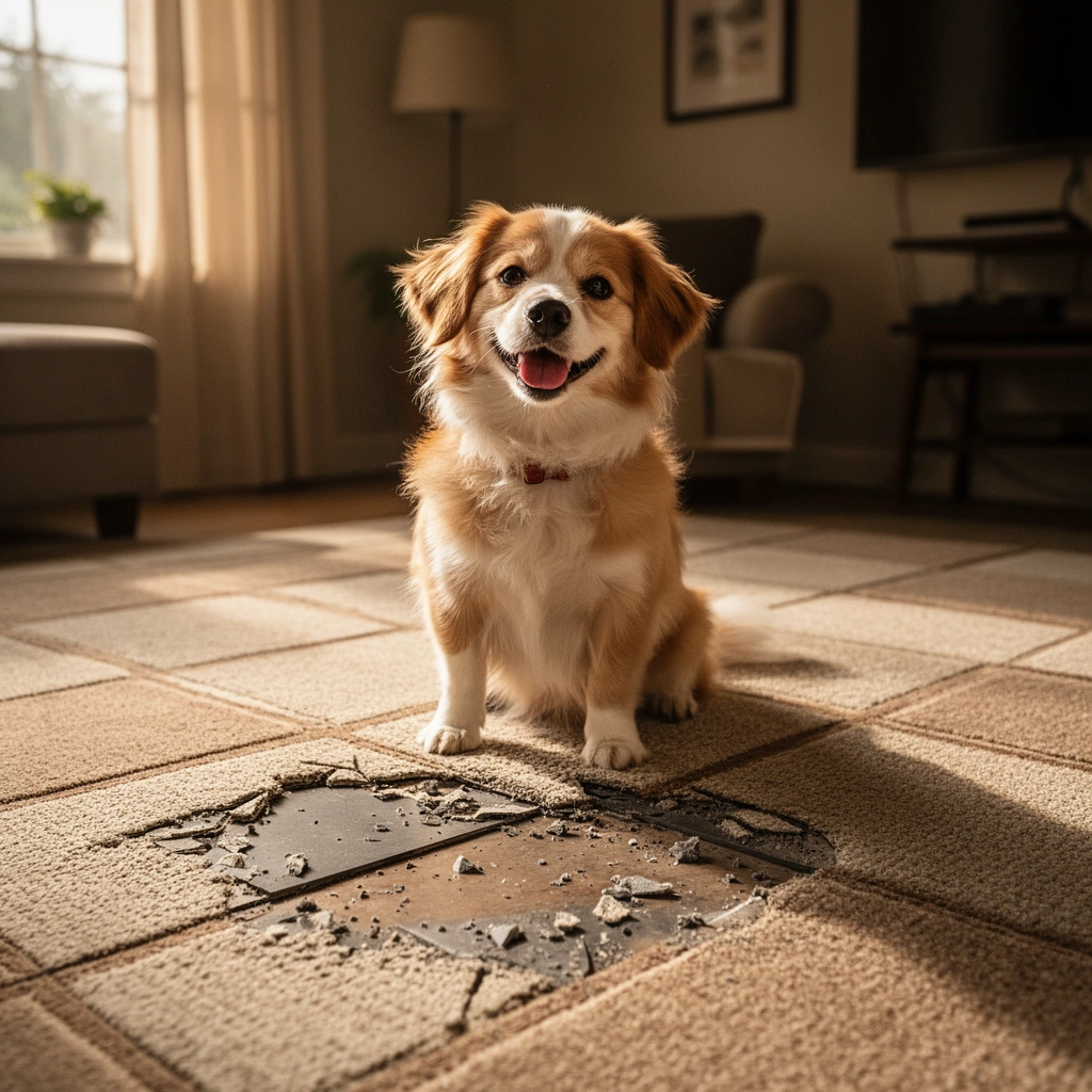 Image showing how to assess damage on carpet tiles and identify installation type for repair.