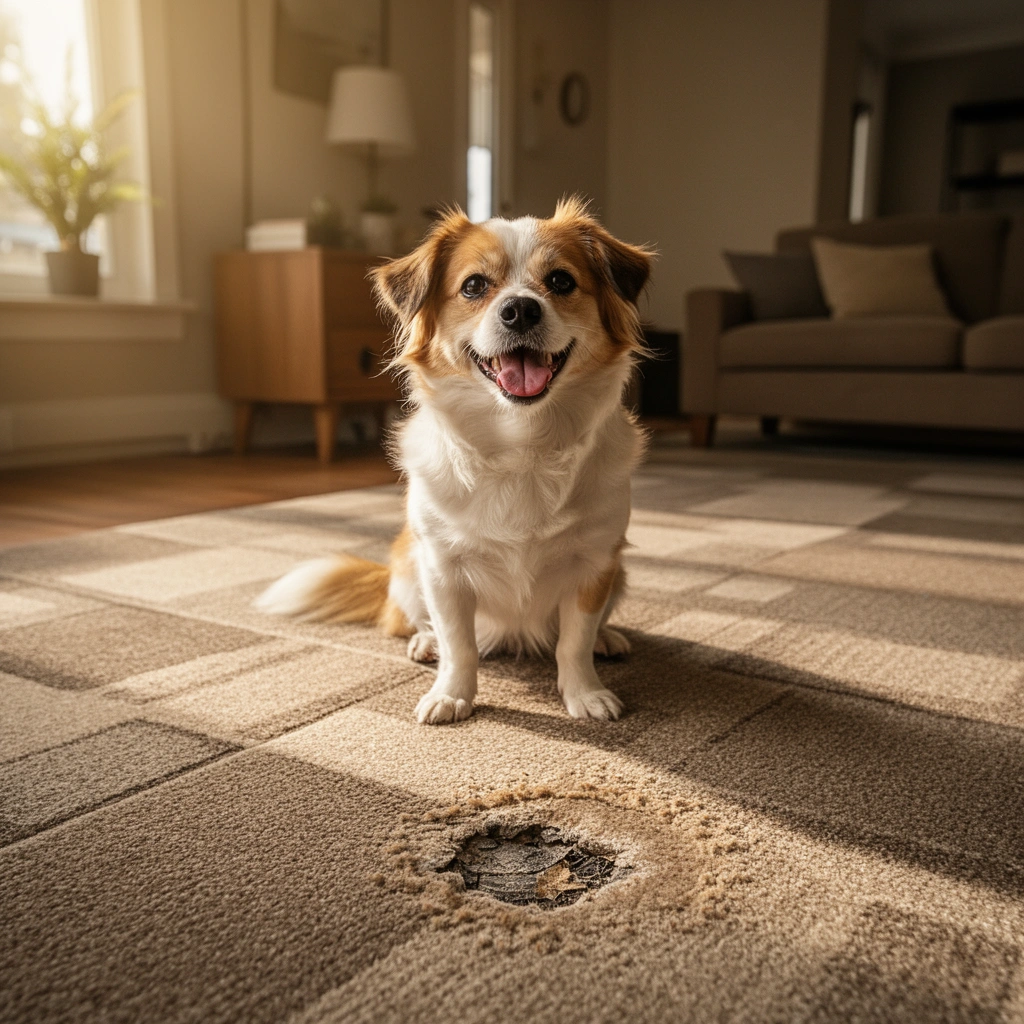 Image showing a person assessing a dent in carpet tiles to ensure it’s not permanent damage.
