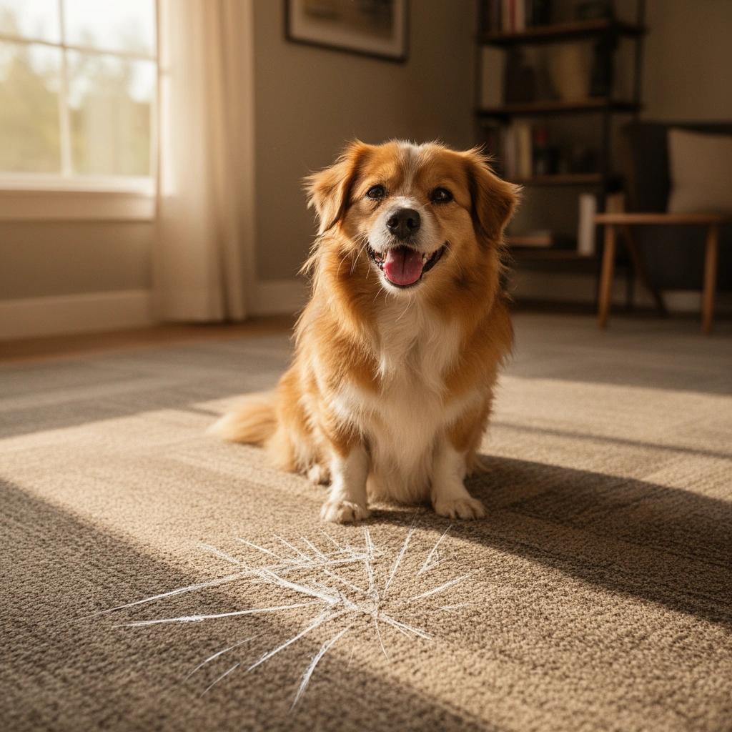 Person inspecting a scratch on carpet tiles to determine the best repair method