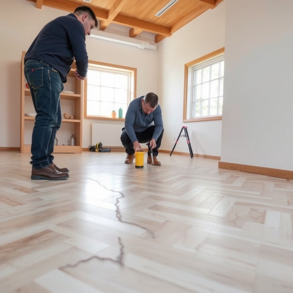 A person inspecting cracks in a chevron floor, emphasizing careful assessment before repair.