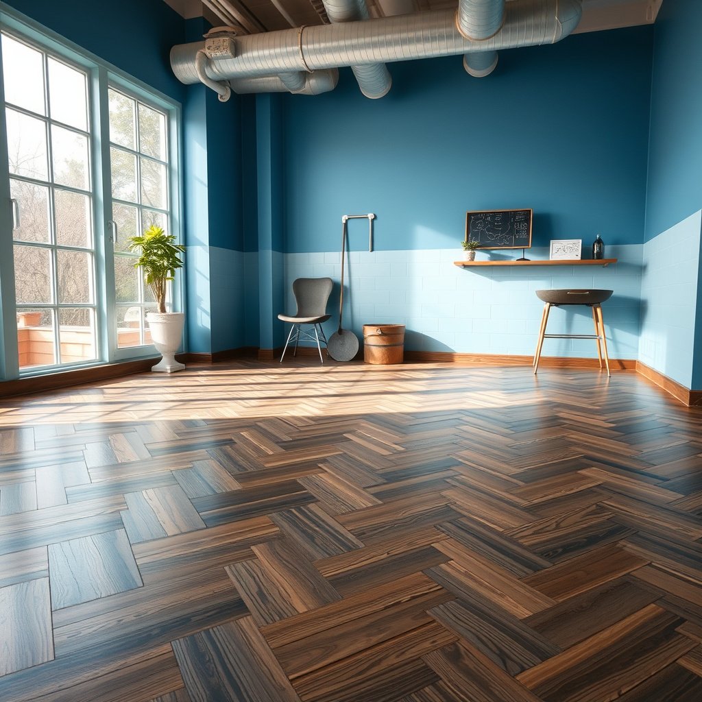 A person evaluating chevron floor type for waterproofing goals in home improvement project.