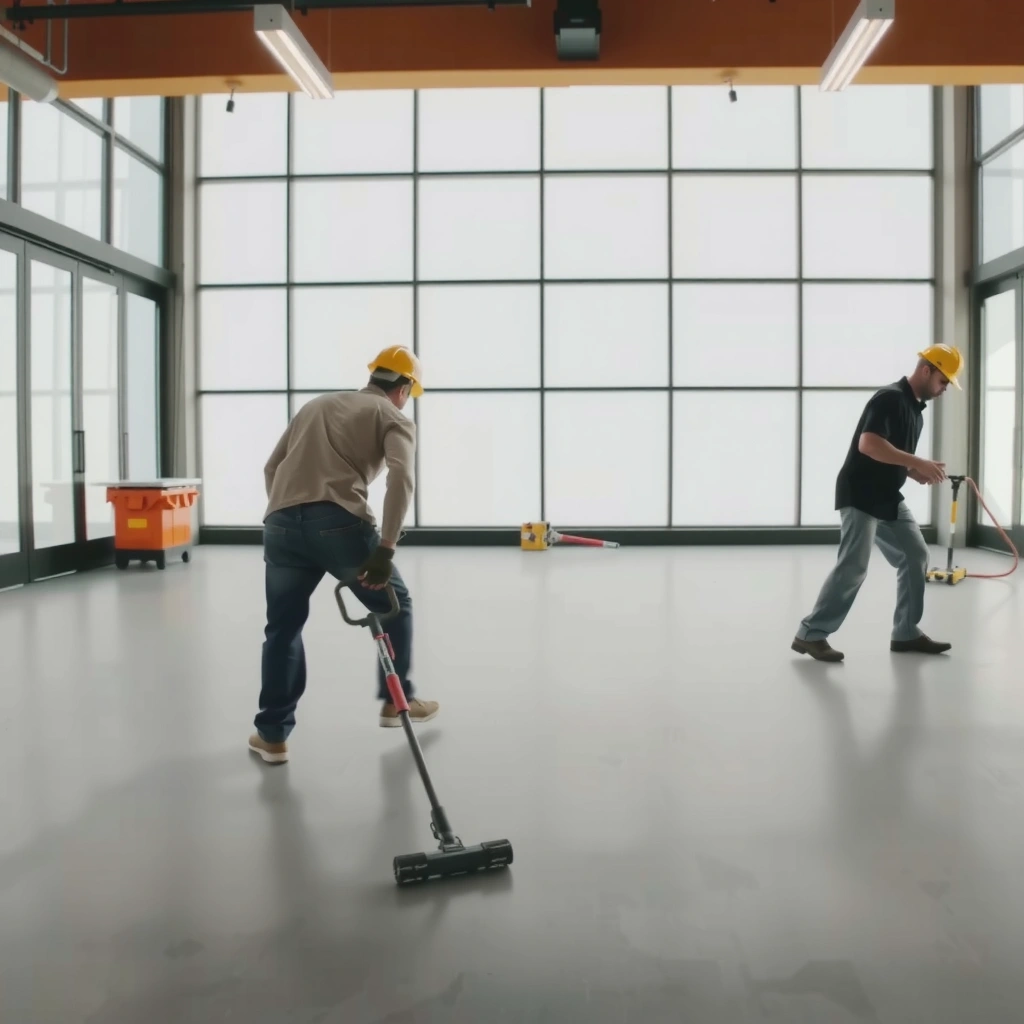A person examining scratches and cracks on a polished concrete floor before repair.