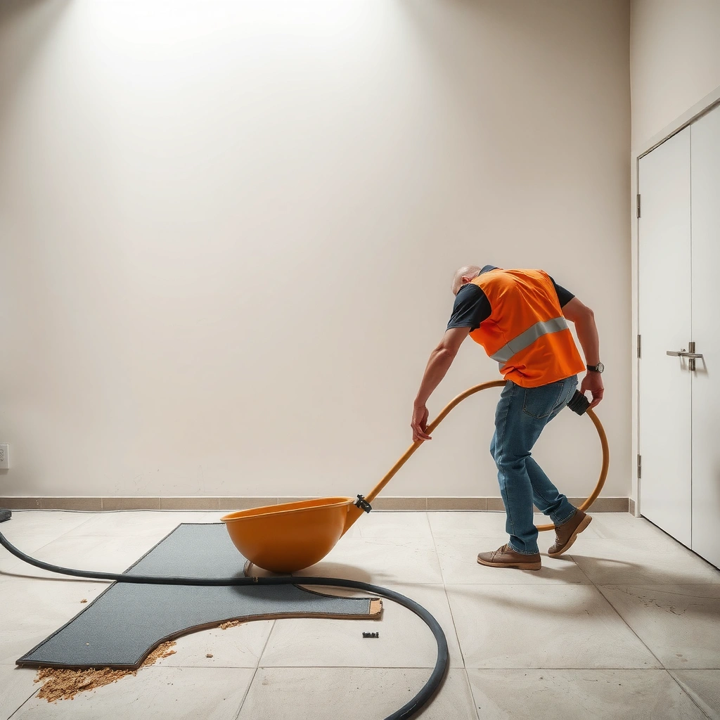 Image showing a homeowner assessing damaged concrete floors for repair.