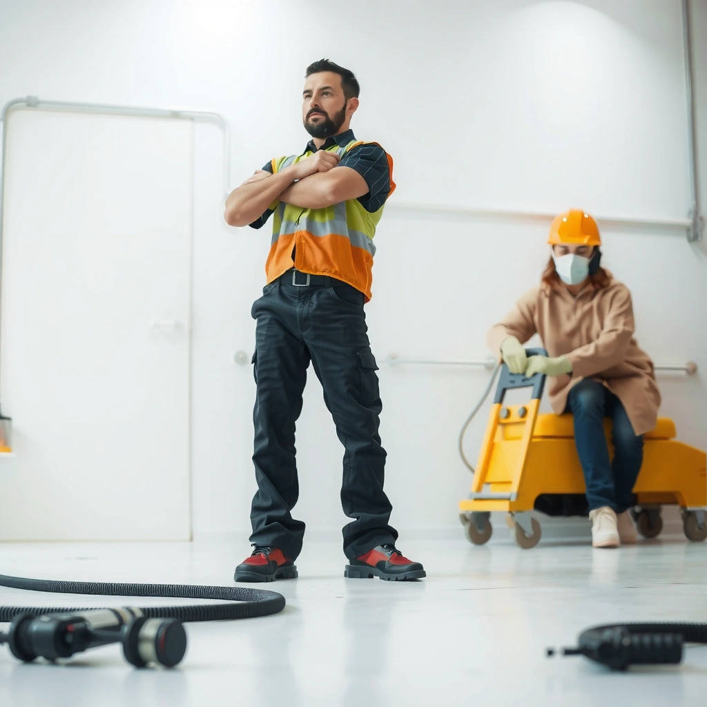 Person assessing a dent in a concrete floor to determine repair options for effective restoration.
