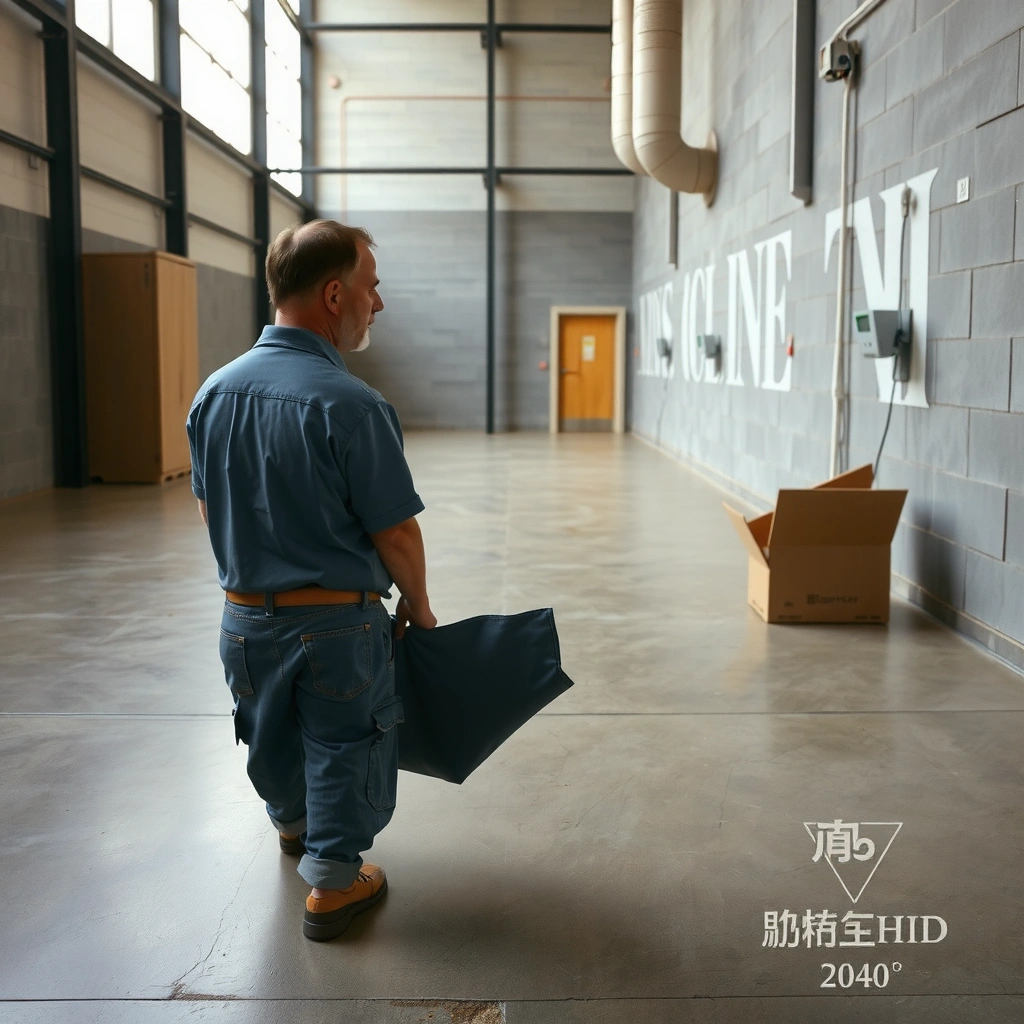 A person inspecting a concrete floor to determine the best protection methods for maintenance.