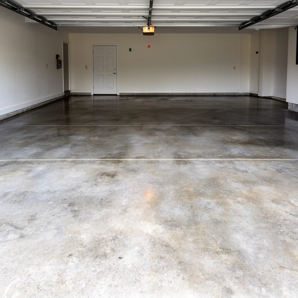 Inspecting concrete garage floor for moisture, cracks, and flatness before installation