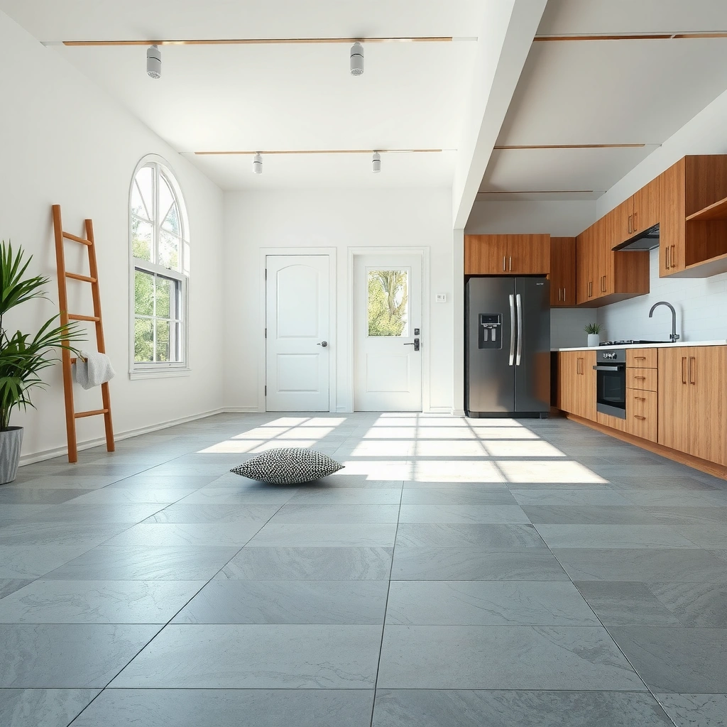 A close-up view of a concrete granite floor being assessed for installation.