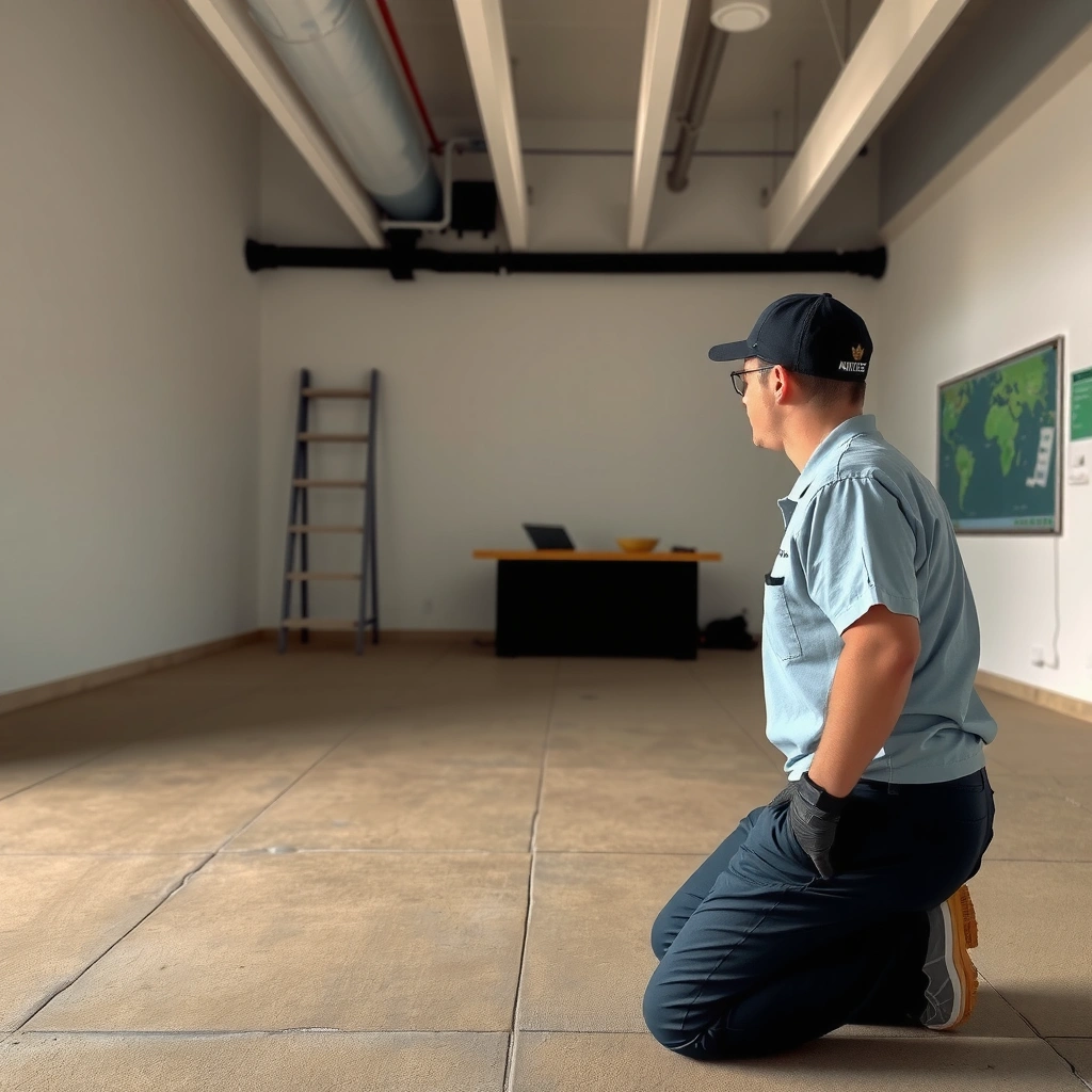 Inspecting a concrete slab for moisture and flatness before installation of flooring.