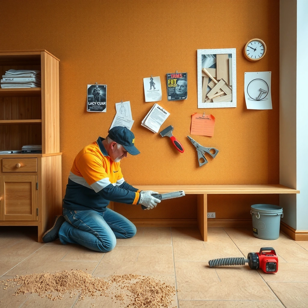 A person examining cracks and chips in a cork floor to assess damage and identify causes.