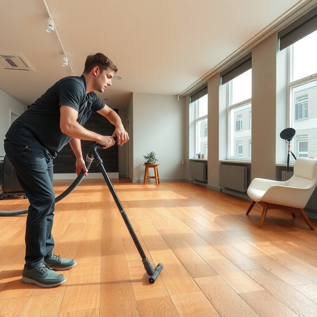 A homeowner inspecting the condition of a cork floor to determine if refinishing is necessary.