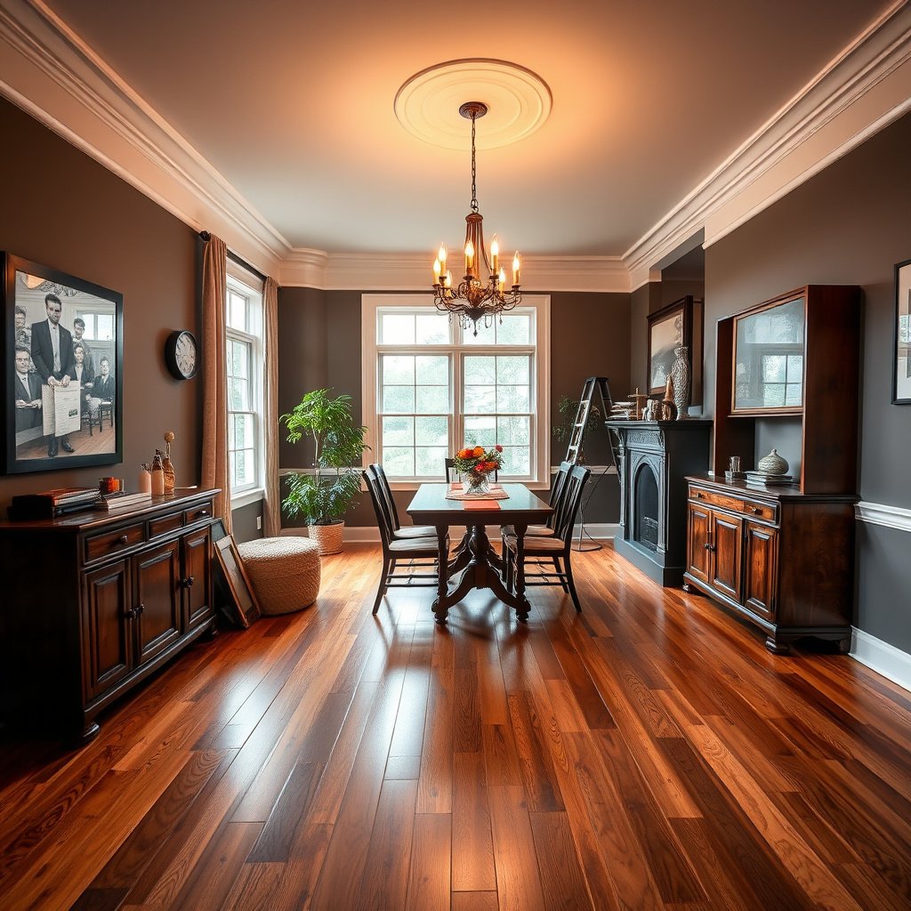 Image showing an assessment of damage in a dining room hardwood floor before replacement.