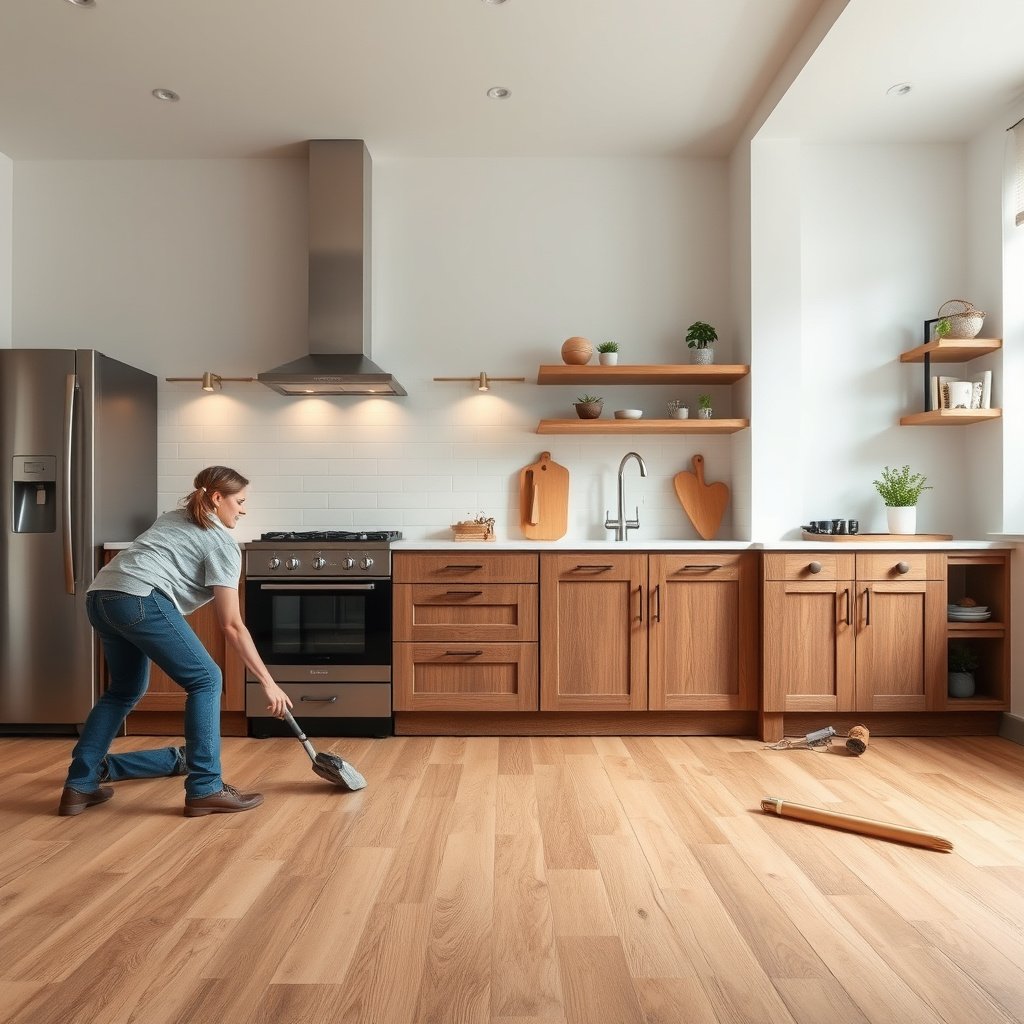 A person inspecting damaged laminate flooring in a kitchen for moisture sources.