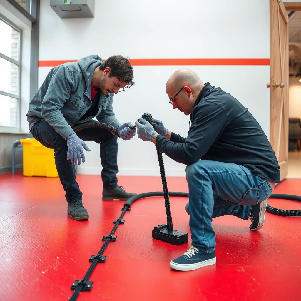 Image showing the difference between a dent and a tear in rubber flooring for repair assessment.