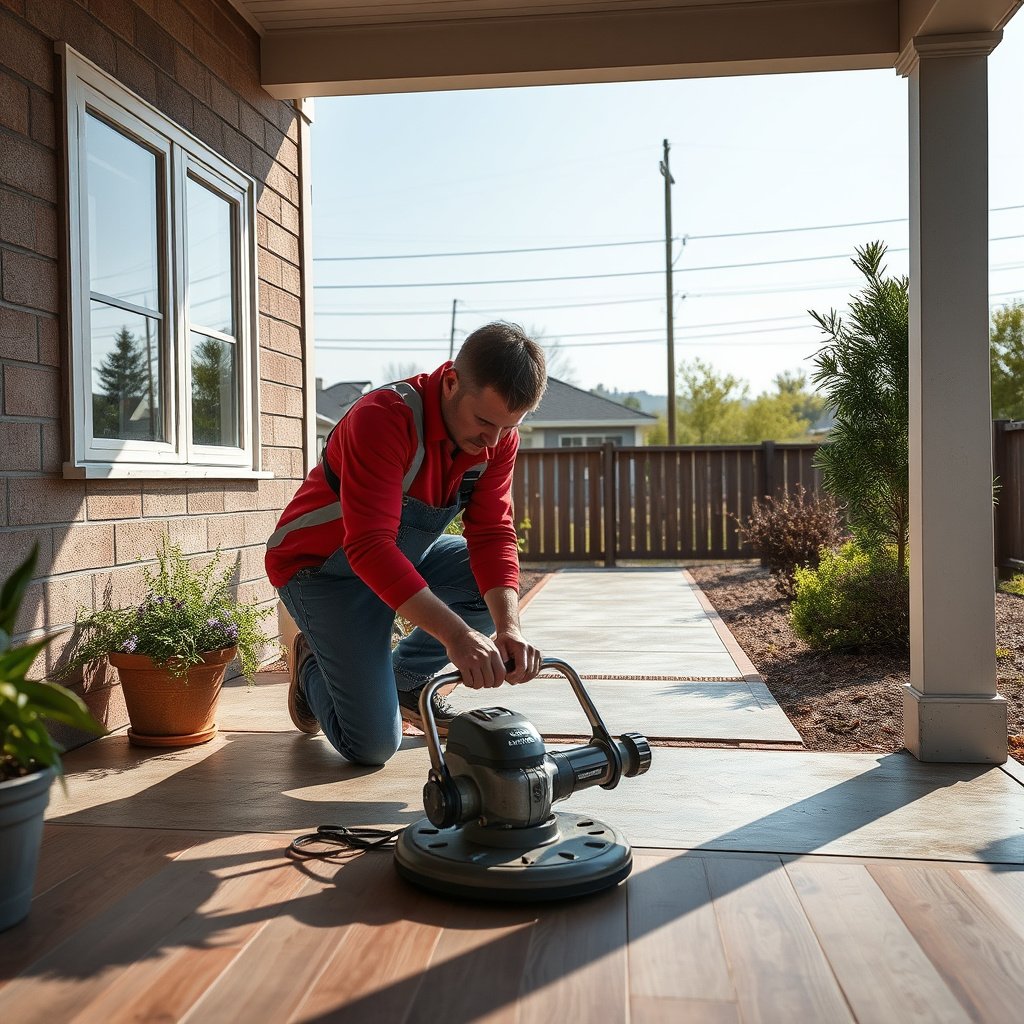 Image showing an outdoor vinyl floor being assessed for damage and suitability for repair.