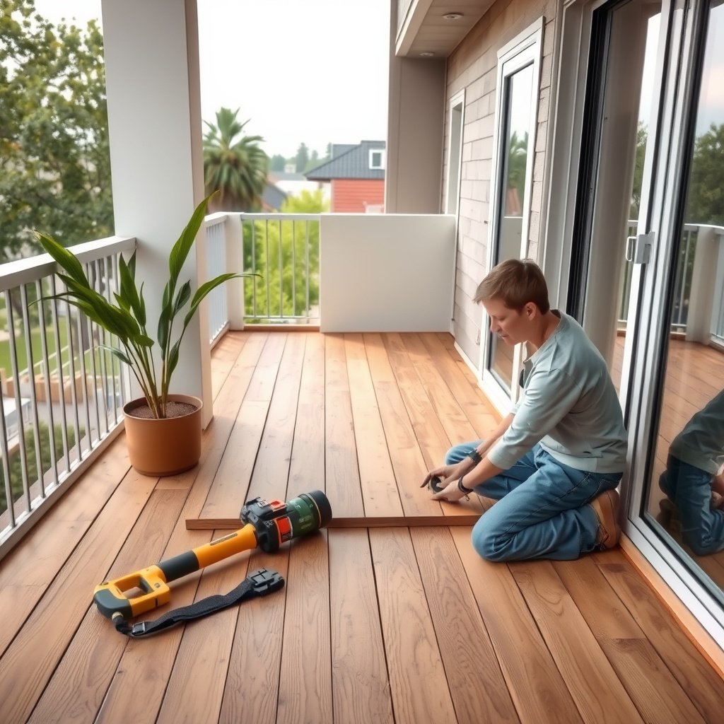 A person examining engineered wood floors for damage on a balcony