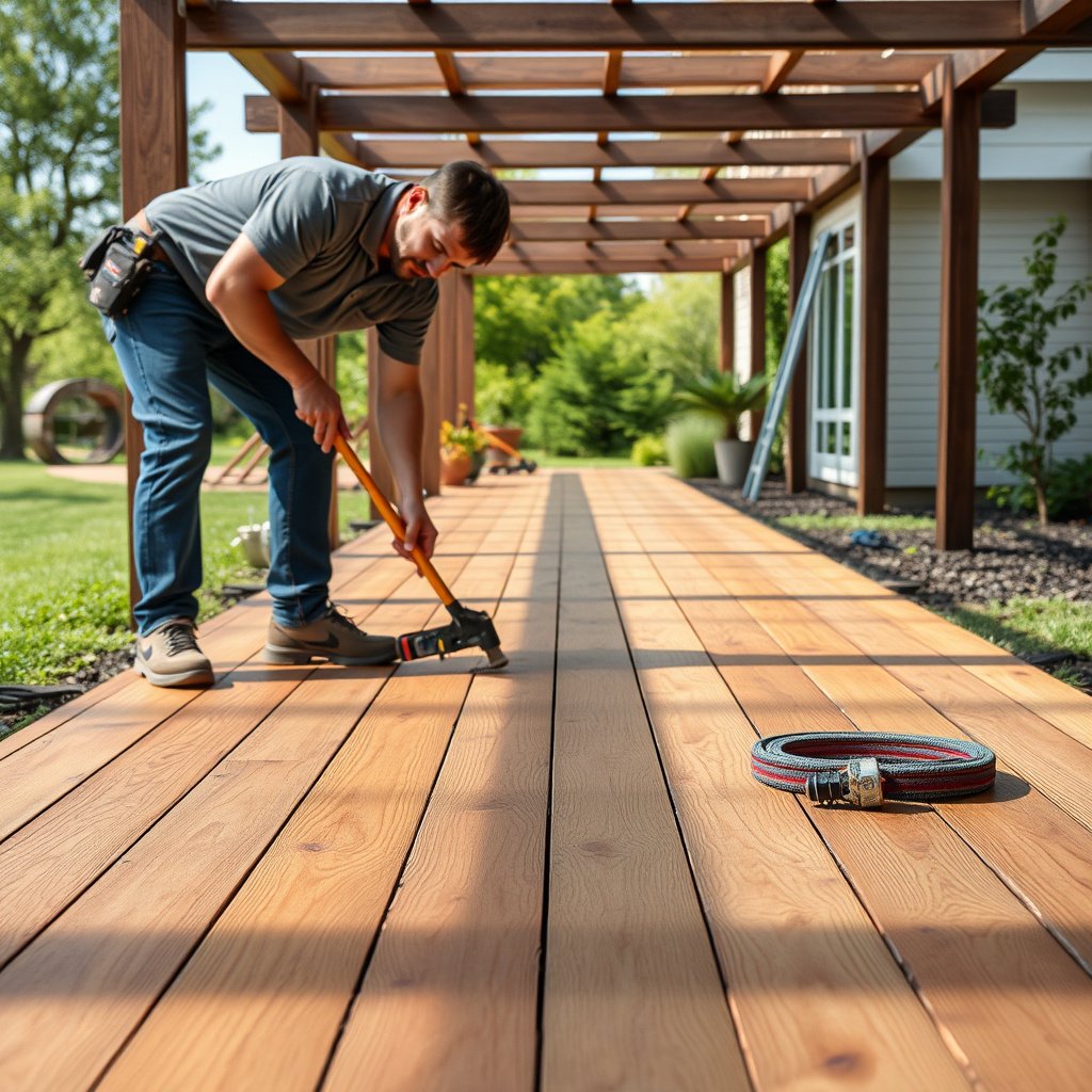 Inspecting engineered wood floors for damage and moisture sources on an outdoor walkway