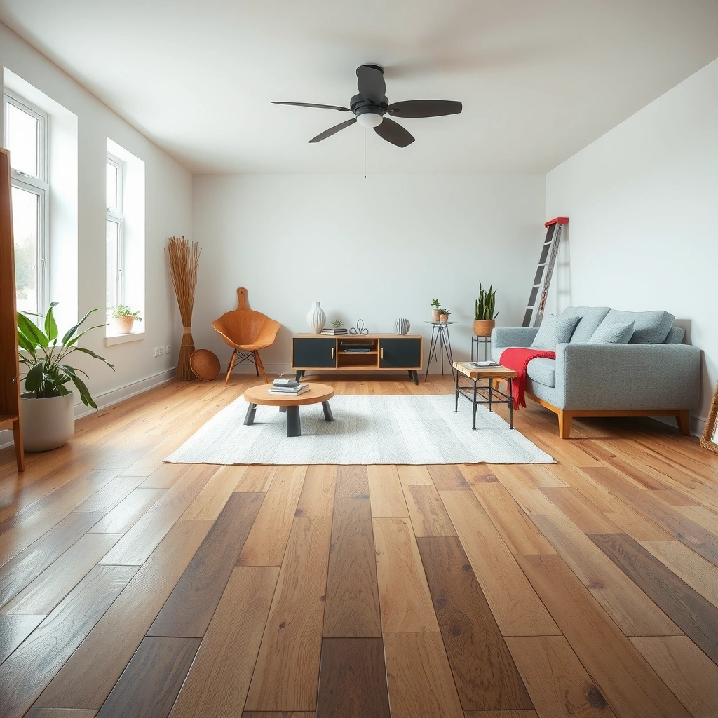 A close-up of damaged engineered wood floors showing areas that need repair and assessment.