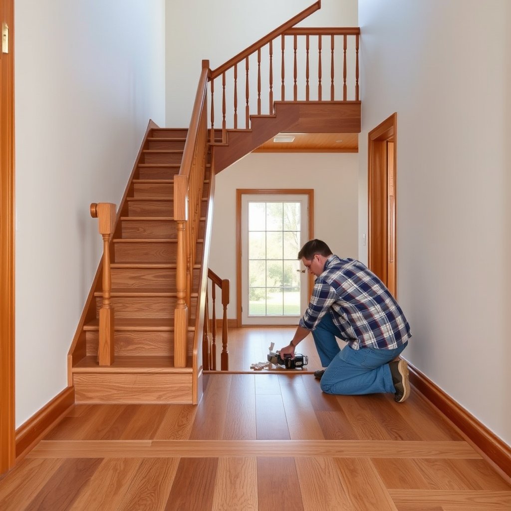 Close-up of damaged hardwood staircase showing areas needing repair and assessment.