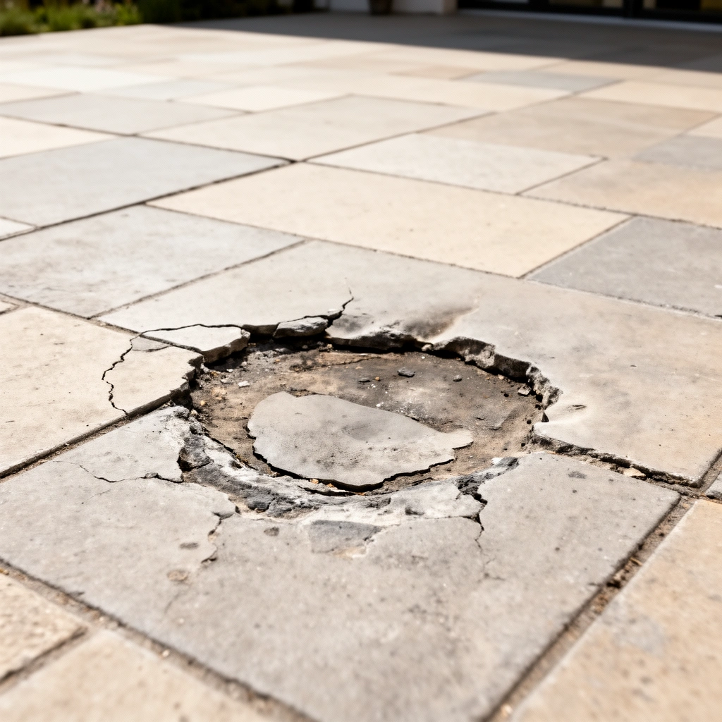 A person measuring the depth of a dent in a patio floor made of concrete.