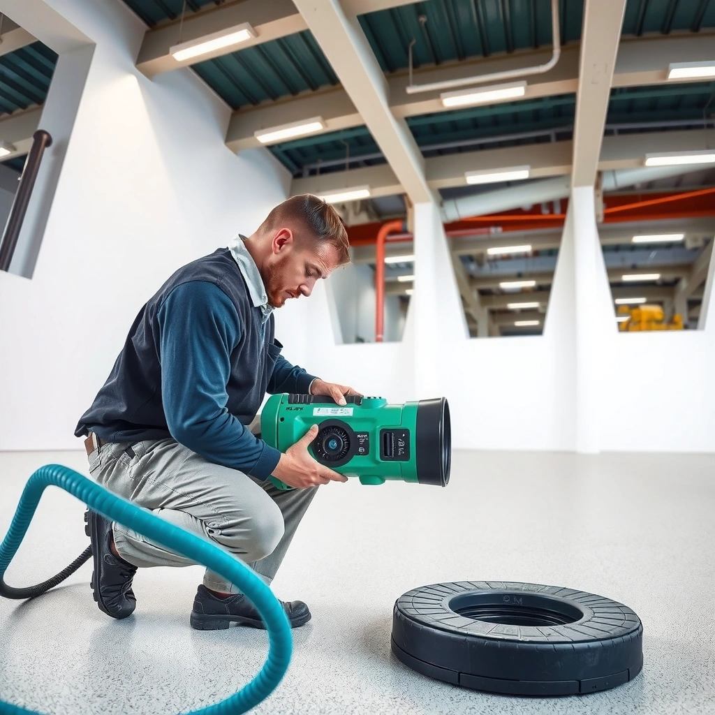 Person measuring dent depth in a polyaspartic floor to determine repair needs.