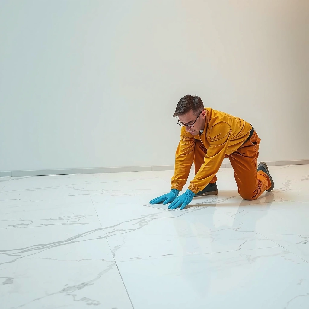 Close-up of a marble floor showing a dent, illustrating how to assess depth and damage type for repairs.