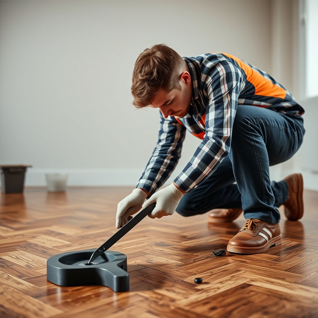 A close-up of a dent in a chevron floor, illustrating the assessment process for repairs.