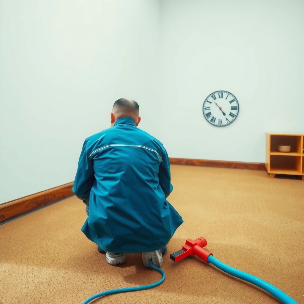 Examining the depth and damage of a dent in a cork floor for repair assessment.