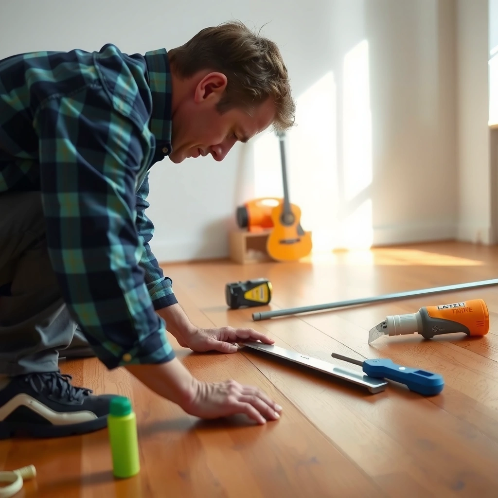 A close-up view of a dent in a hardwood floor, illustrating the damage before repair.